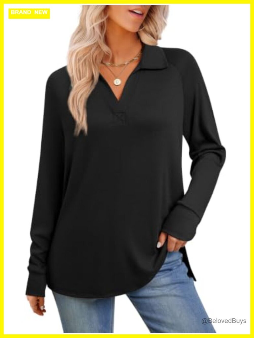 Women's Long Sleeve V-Neck Polo Tunic Top Collared Relaxed Fit Side Slits